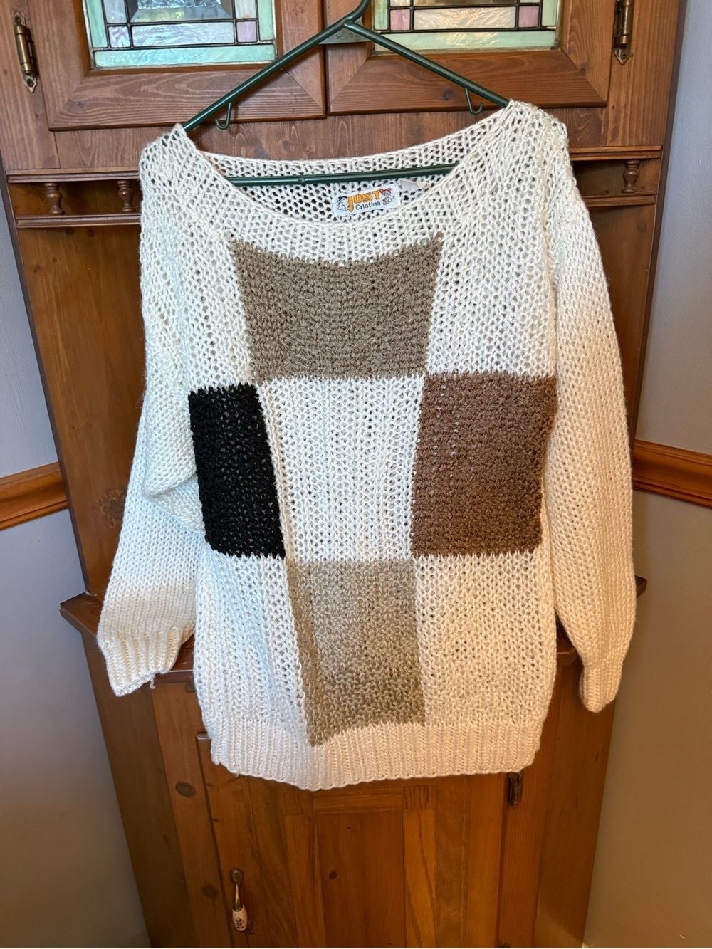 Vintage Just Cristina Colorblock Patchwork Chunky Knit Sweater Earth Tones XL